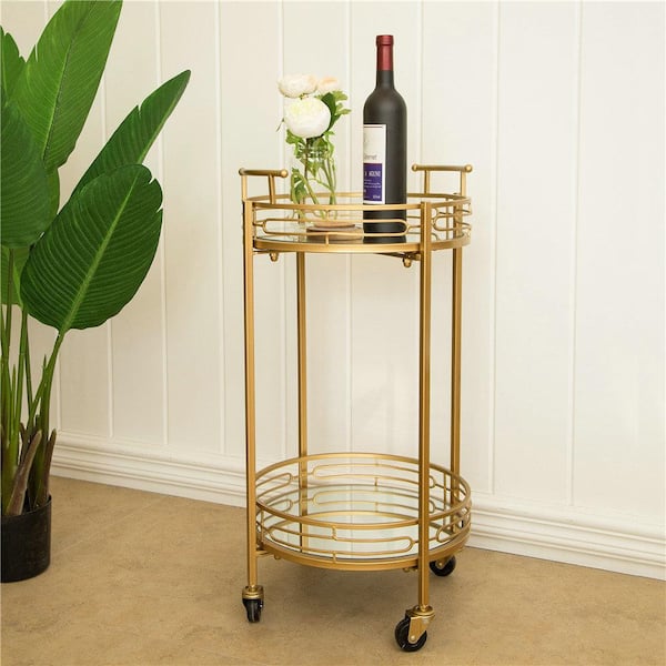 Glitzhome 27 In H Deluxe Gold Metal, Round Metal Bar Cart Gold