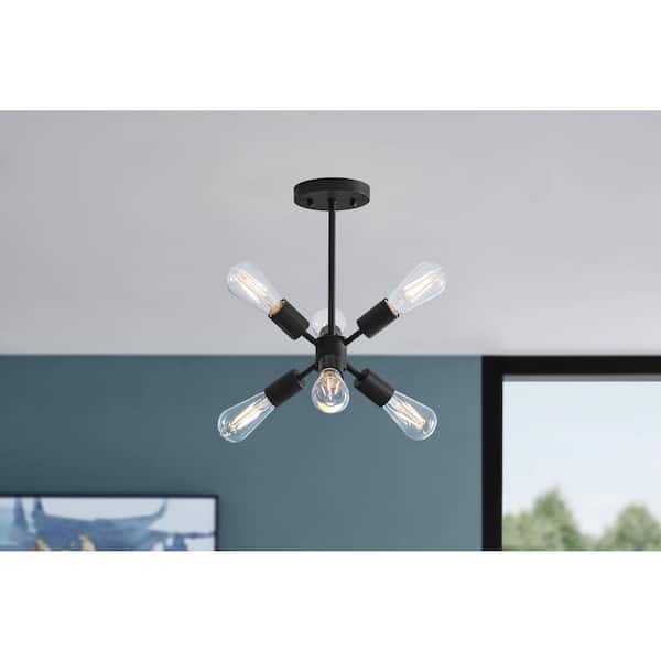 Leonie 16.25 in. 6-Light Matte Black Sputnik Semi-Flush Mount, Industrial Ceiling Light
