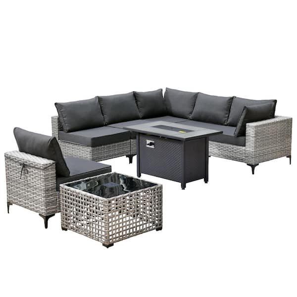 Holston 8-Piece Wicker Modern Outdoor Patio Conversation Sofa Sectional Set with a Metal Fire Pit and Black Cushions
