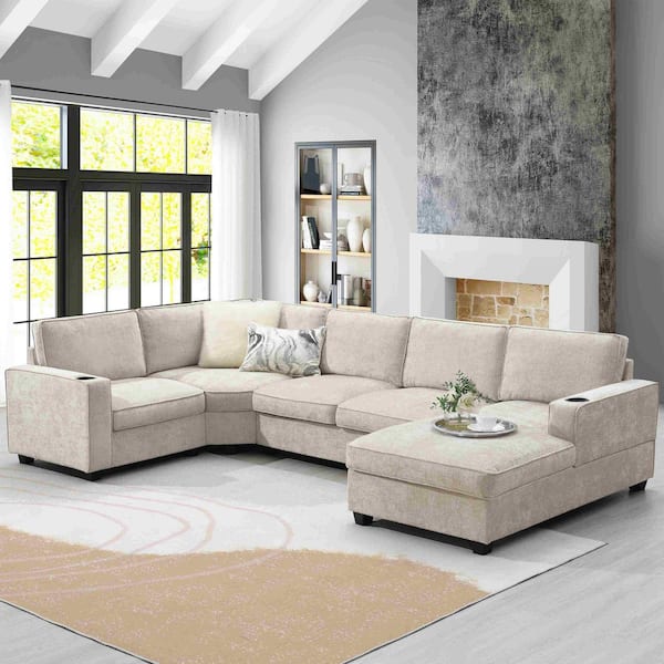 119 in. Square Arm Chenille Sectional Sofa with Irregular Corner, Cup Holders in. Beige