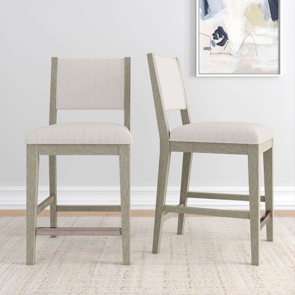 Sereno 24 in. Antique White High Back Wood Counter Stool with Boucle Upholstered Seat (Set of 2)