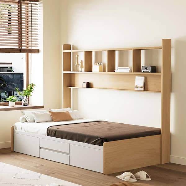 Yellow Wood Frame Twin Murphy Bed 76.77 in. with Bookcase