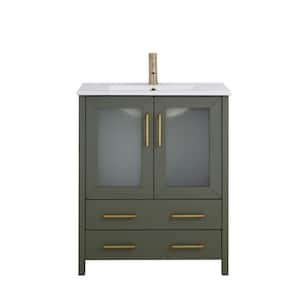 30 in. W x 18 in. D x 36 in. H Vintage Green Bath Vanity with White Ceramic Top and Mirror