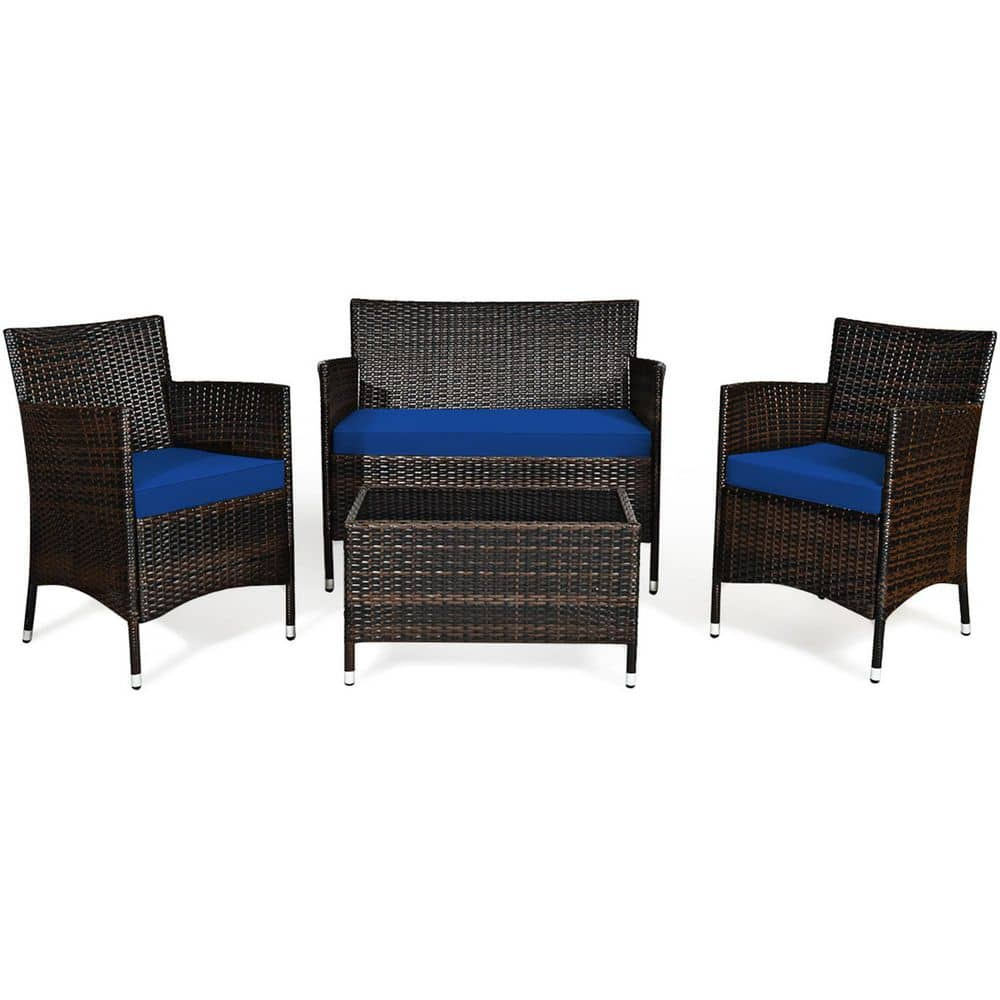 4-Pieces Patio Rattan Conversation Furniture Set Outdoor with Navy Cushion