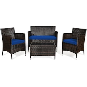 4-Pieces Patio Rattan Conversation Furniture Set Outdoor with Navy Cushion