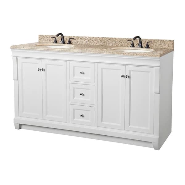 Home Decorators Collection Naples 61 in. W x 22 in. D Vanity in White with Granite Vanity Top in Beige with White Sink