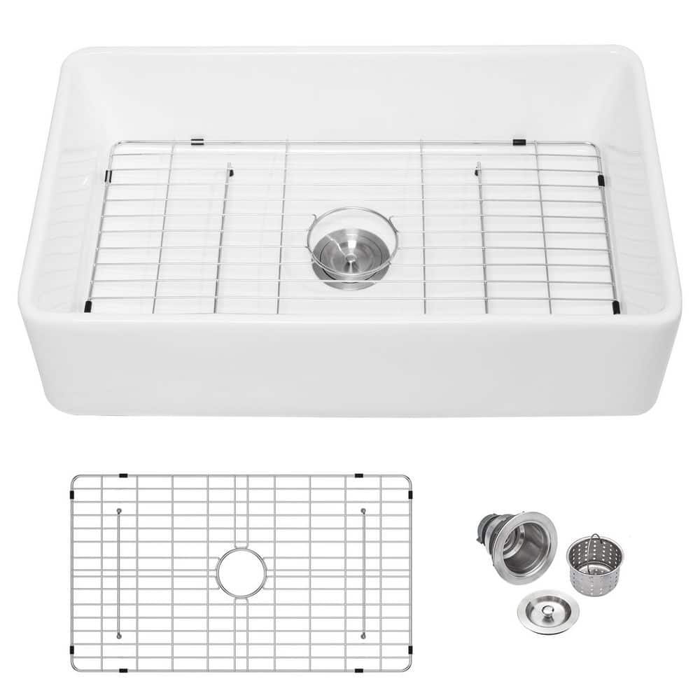 33 in. Farmhouse Single Bowl Glossy White Fireclay Kitchen Sink with Bottom Grid and Drain Assembly price history on PriceWatchPro