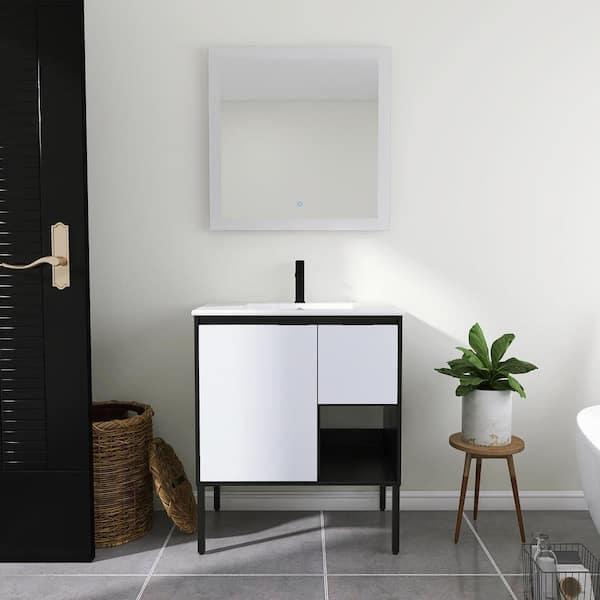 FUNKOL 30 in. W x 18 in D. x 35 in. H Bathroom Vanity in White With White Ceramic Sink