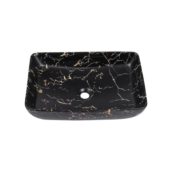 Boyel Living Black with Irregular White and Yellow Veins Ceramic Rectangular Vessel Sink