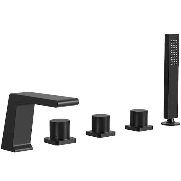 Bathtub Faucet 3-Handle Deck Mount Roman Tub Faucet with Handheld in Matte Black Valve Included