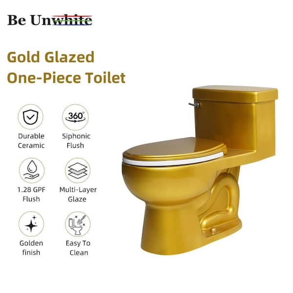 Satin Gold One Piece Toilet Ceramic Elongated Toilet Bowl with Rounded Base, 1.28 GPF Single Flush & Soft-Close Seat