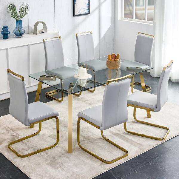 Polibi Modern Rectangle Gold Glass 4-Legs Dining Table Seats for