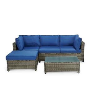 3-Piece Wicker Patio Sectional Seating Set with Blue Cushions