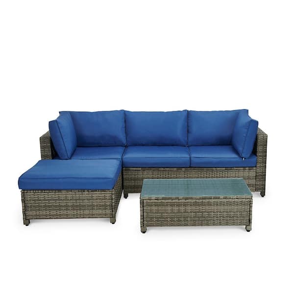 EDYO LIVING 3-Piece Wicker Patio Sectional Seating Set with Blue Cushions