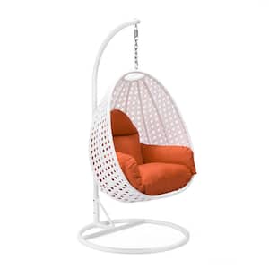 White Wicker Indoor Outdoor Hanging Egg Swing Chair For Bedroom and Patio with Stand and Cushion in Orange