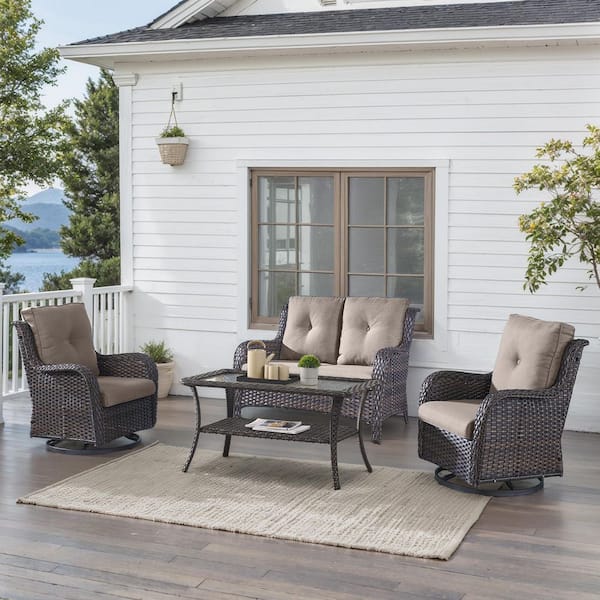 4-Piece Brown Wicker Patio Conversation Set with Olefin Gray Cushions and Swivel Glider Chairs/Loveseat