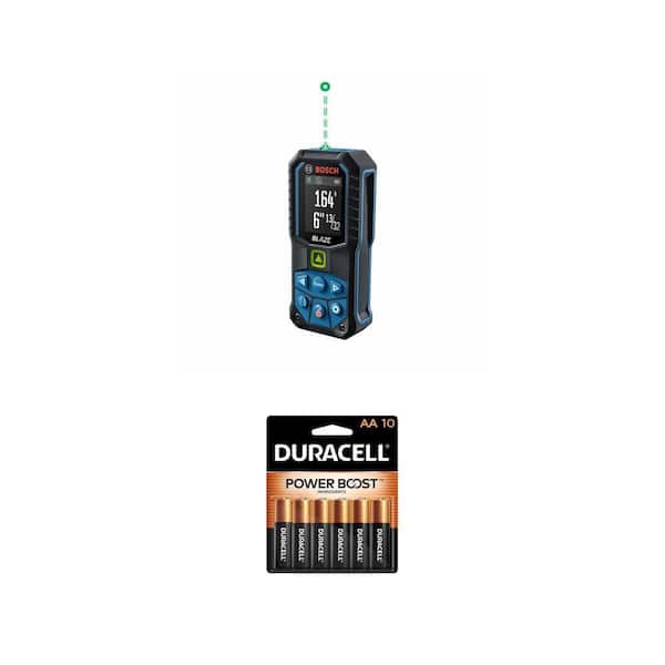 BLAZE 165 ft. Green Laser Distance Measuring Tool and Coppertop Alkaline AA Batteries (10-Pack) Combo