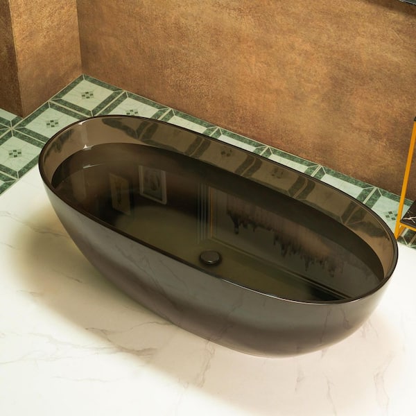 63 in. x 28.25 in. Solid Surface Stone Resin Freestanding Soaking Bathtub With Center Drain in Grey