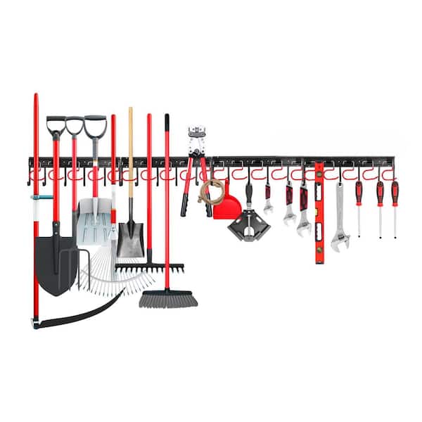 18 in. Black Metal Adjustable Heavy Duty Anti-Slip Garage Wall Rack with 20 Hooks for Shovel Broom Rake Storage