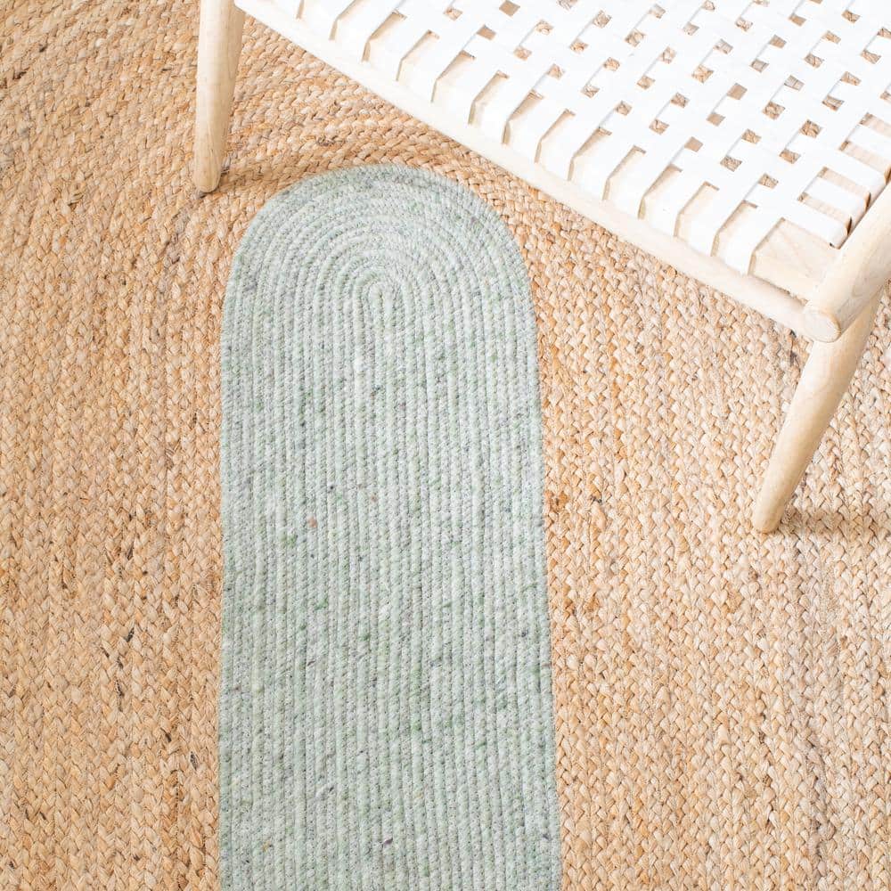 Handmade Sage and Gold Braided Wool Cotton Round Rug