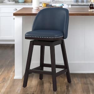 26 in. Navy Blue Wood Frame Swivel Cushioned Bar Stool with Faux Leather, Swivel Counter Stool