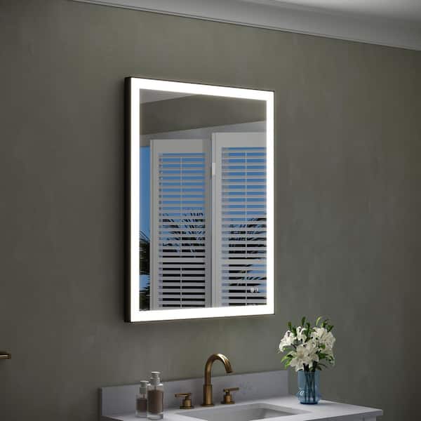 28 in. W x 36 in. H Rectangular Framed Wall LED Bathroom Vanity Mirror in Matte Black, Dimmable, Anti-fog, IP44