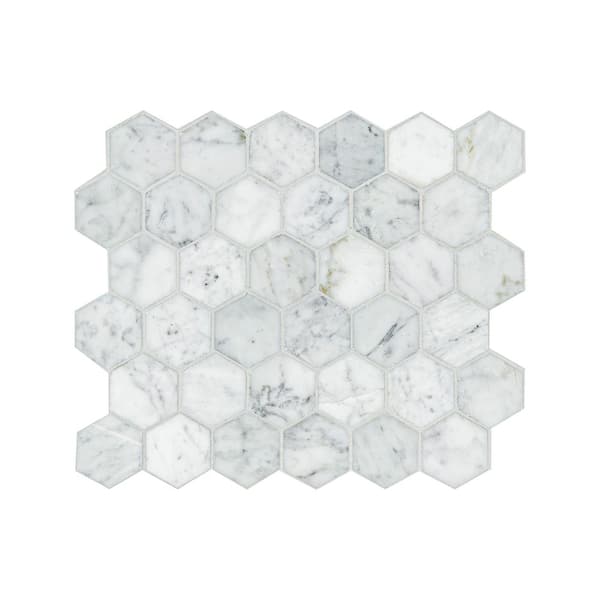 Carrara White 2 in. Hexagon 12 in. x 12 in. x 0.31 in. Honed Marble Mesh-Mounted Mosaic Tile (9.8 sq. ft./case)