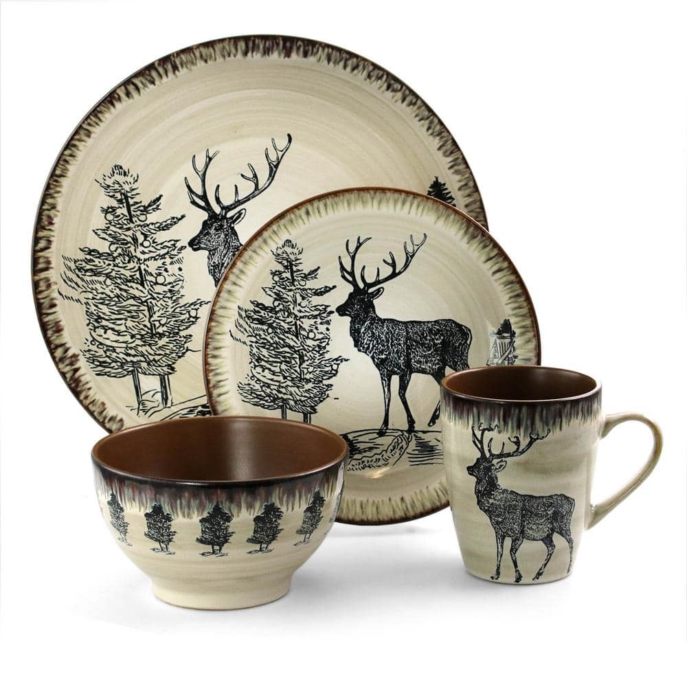 Majestic Elk 16-Piece Taupe and Brown Ceramic Dinnerware Set