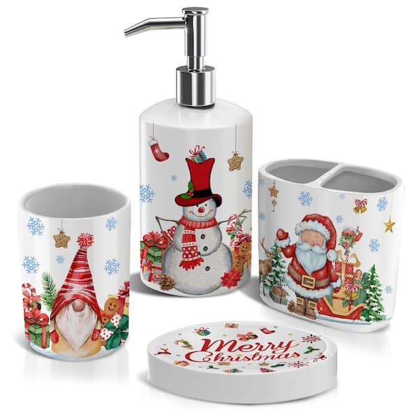 4-Piece Bath Accessory Set Christmas Bathroom Decor, Xmas Toothbrush Holder Set, Snowman Soap Dispenser Bath Decorations