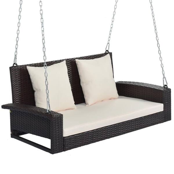 Zeus & Ruta 2-Person Brown Wicker Hanging Porch Swing Bench with Chains, Beige Cushions, Pillow for Garden, Backyard, Balcony