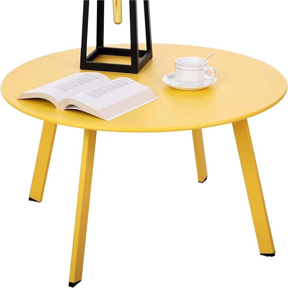 28W x 16H Yellow Round Steel Outdoor Coffee Table for Patio Balcony