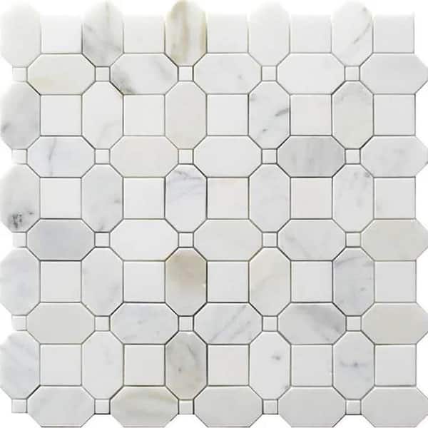 Serena 4 in. x 4 in. Polished White Gray Calacatta Gold, Thassos Marble Mosaic Wall and Floor Tile Sample (0.14 sq. ft.)