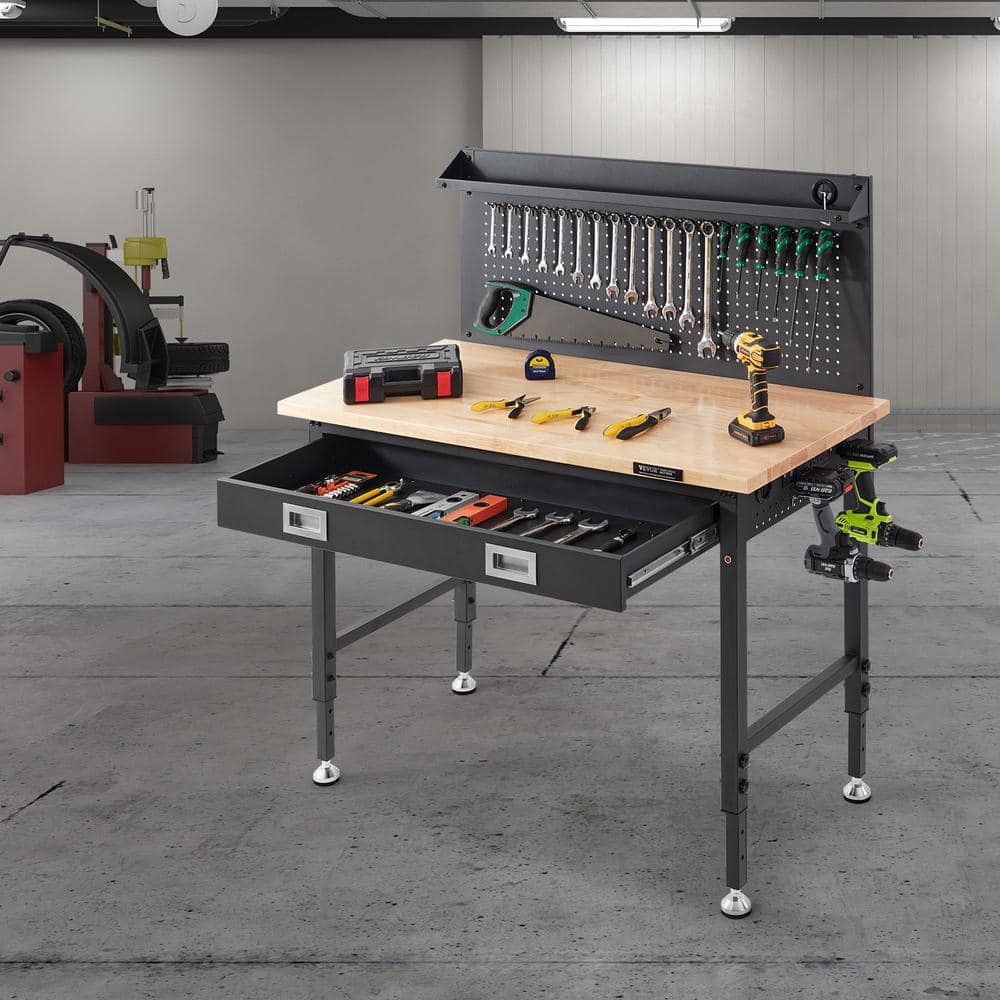 48'' Adjustable Height Oak Plank and Carbon Steel Workbench with Pegboard