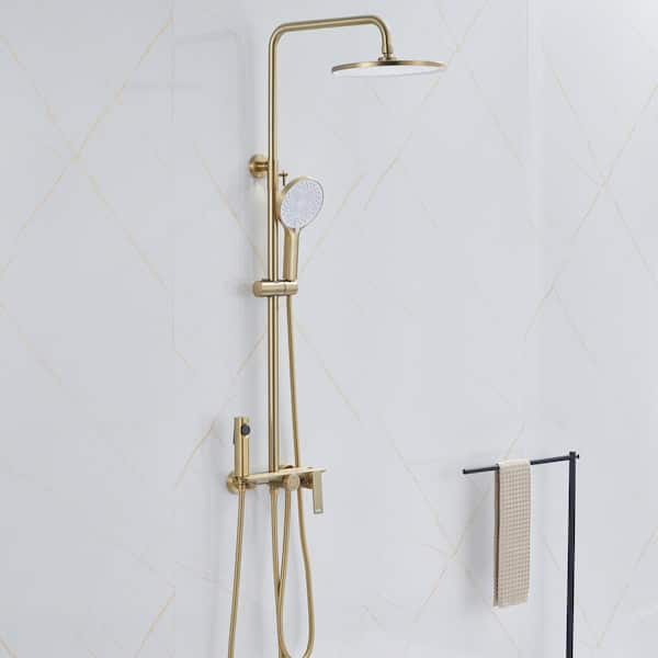 Tomfaucet 4-Spray Multi-Function Wall Bar Shower Kit with Tub Faucet and Spray Gun in Brushed Gold