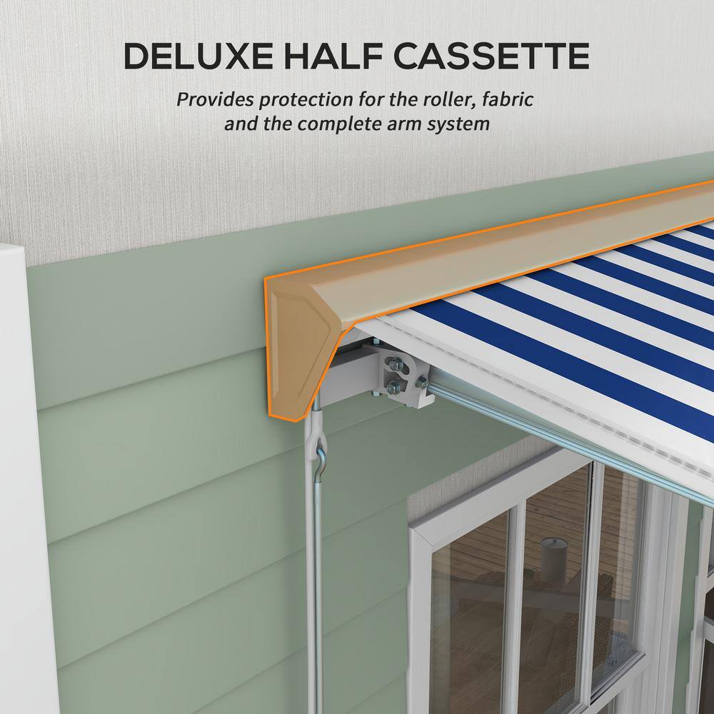 Blue and White Striped Retractable Patio Awning with LED Lights