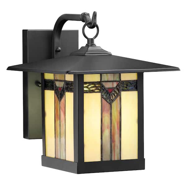 Highland 1-Light Black Outdoor Hardwired Stained Glass Wall Lantern Sconce