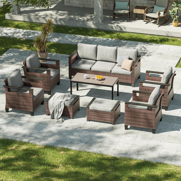 JOYESERY 8-Piece Patio Conversation Set with Coffee Table Wide Armrests Sofa with Ottoman Brown Wicker Linen Grey Cushions