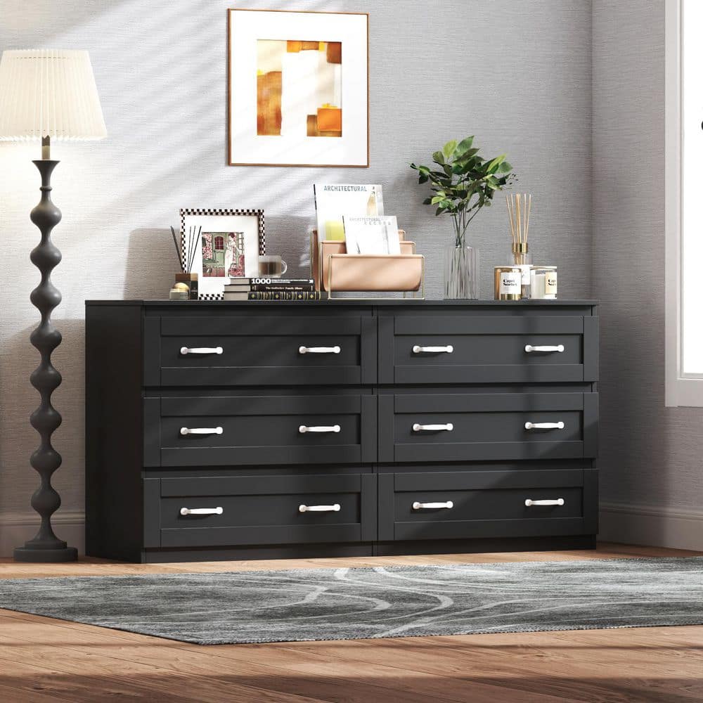 Black 6-Drawer 55.12 in. Wide Chest of Drawers with Metal Handle Side Cabin