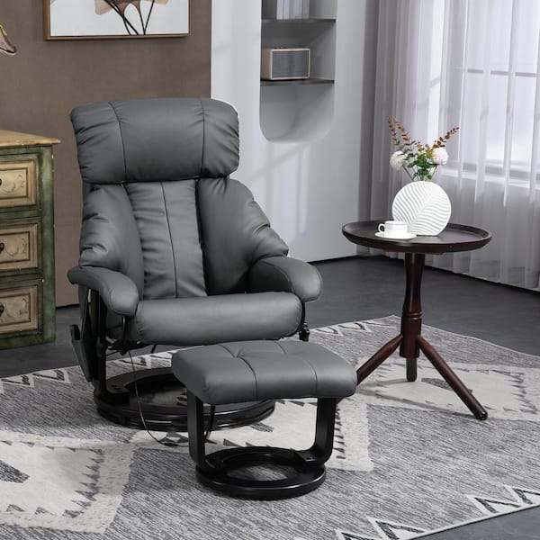 HOMCOM Gray PU Leather Massage Chair with Footstool and Swivel