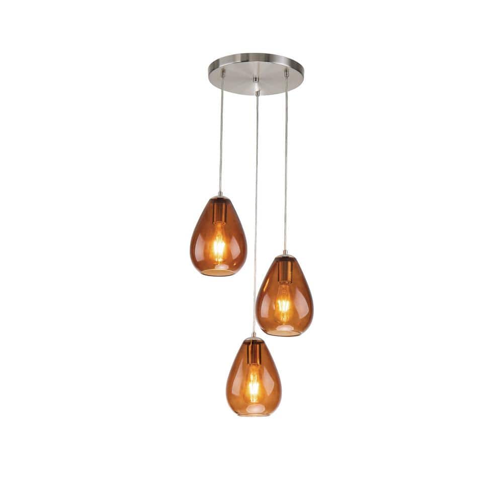 Edvivi 3-Light Brushed Nickel Pendant Ceiling Fixture with Amber Glass Shade  EPZ106BN The Home Depot