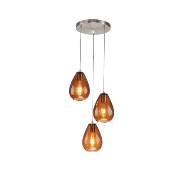 Edvivi 3-Light Brushed Nickel Pendant Ceiling Fixture with Amber Glass Shade