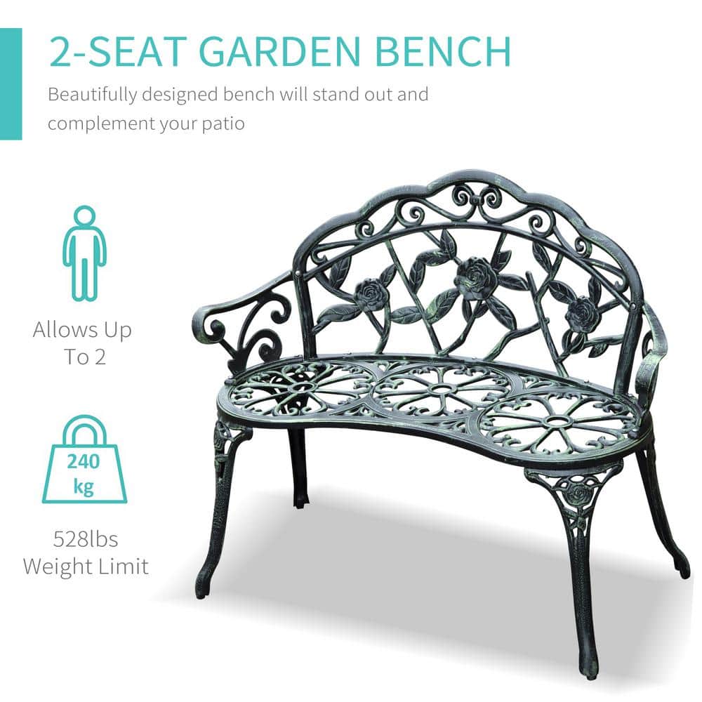 Antique Green Cast Aluminum Outdoor Bench with Floral Design