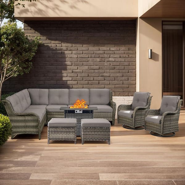 moosprr Arcline 7-Piece Gray Wicker Fire Pit Conversation Set with Olefin Gray Cushions L-Shaped Sofa with Patio Swivel Chairs