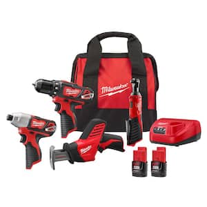 M12 12V Lithium-Ion Cordless Combo Kit (4-Tool) w/(2) 1.5Ah Batteries, (1) Charger, (1) Tool Bag