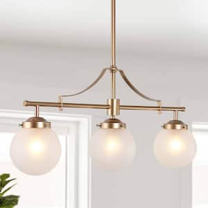 Farmhouse Gold Linear Island Chandelier, Ismo 3-Light Modern Dining Room Chandelier with Globe Frosted Glass Shades