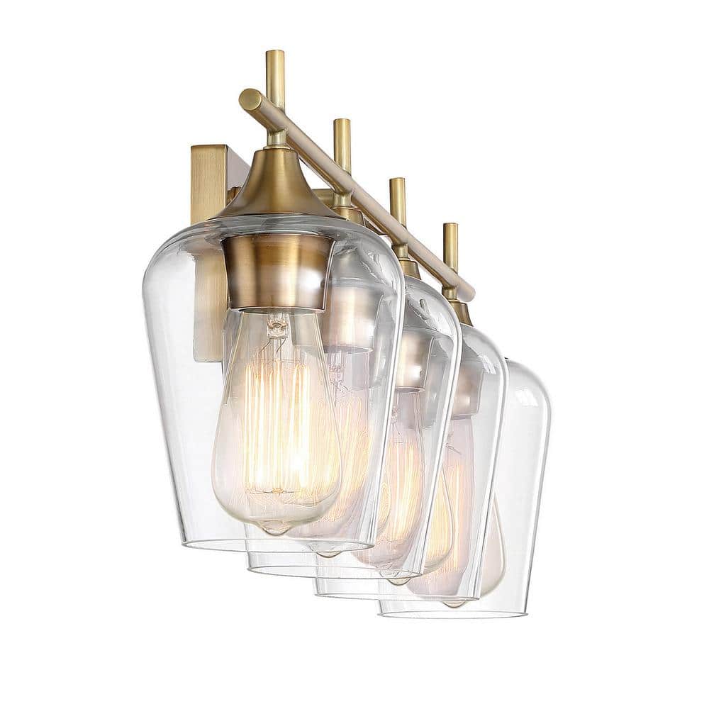 Warm Brass 4-Light Vanity Fixture with Clear Glass Shades