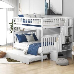 White Full Over Full Wood Bunk Bed With Stairs and Trundle, Detachable Full Kids Bunk Beds with Book Shelves