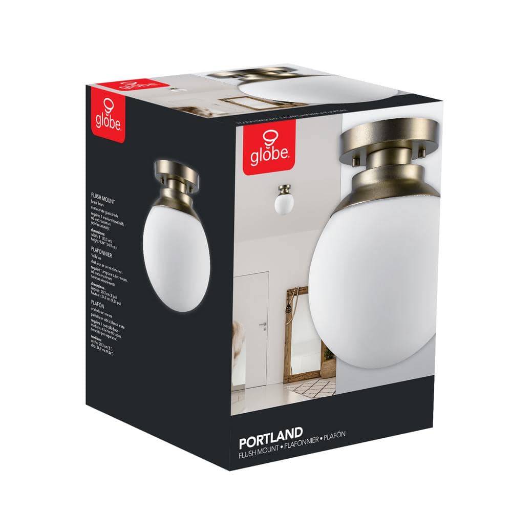 Portland 8" Brass Semi-Flush Globe Ceiling Light with Frosted Glass