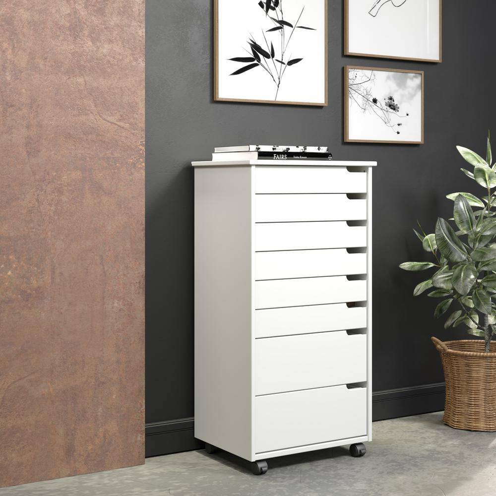 Euro White Solid Wood 8-Drawer Rolling Office Storage Cart