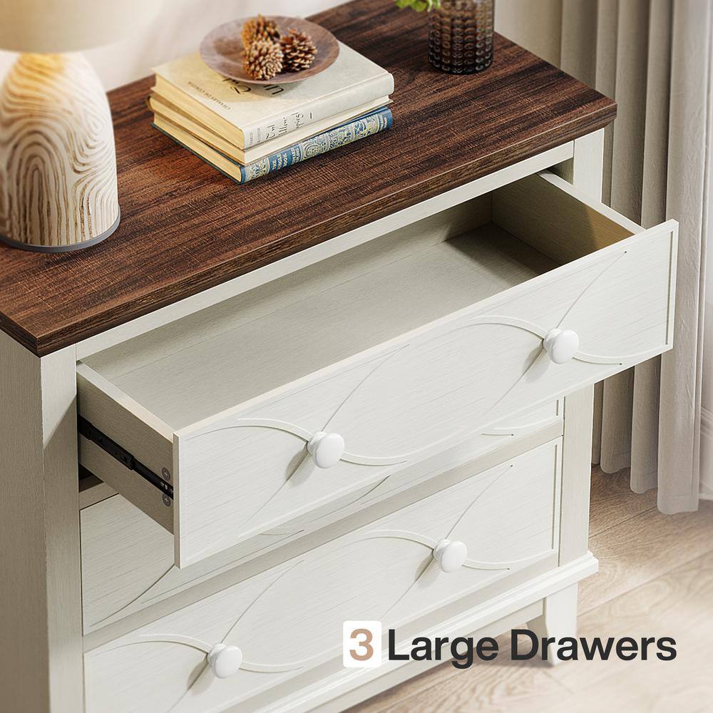 Distressed White and Brown 3-Drawer Farmhouse Nightstand